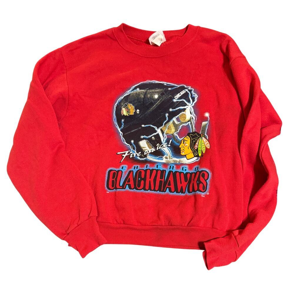 Vintage 1990s Chicago Blackhawks Red‎ Big Graphic Crewneck Size 16/18 Hockey